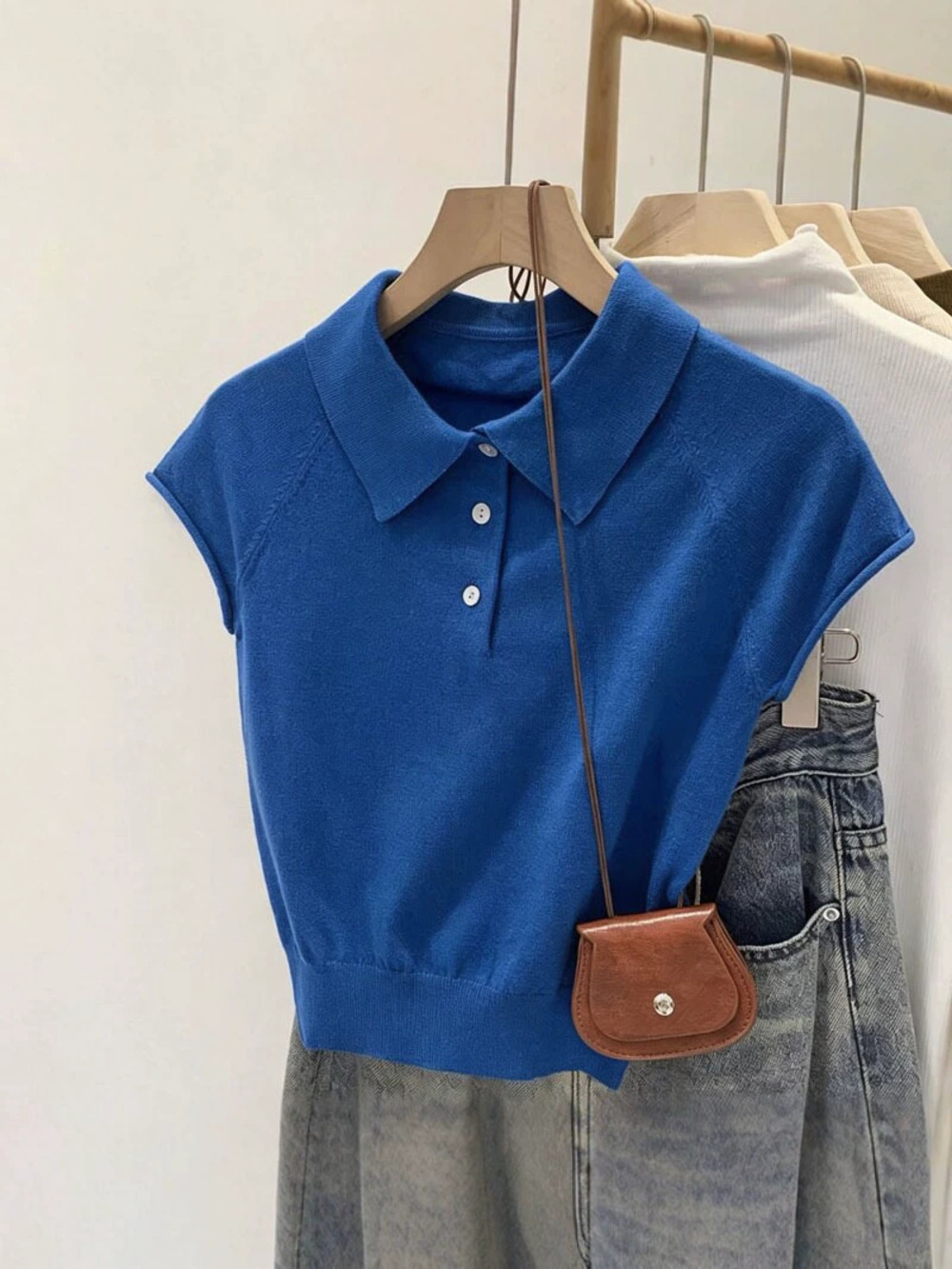 ZARA Women Summer Blue Knit Short Sleeve Short Collar Top